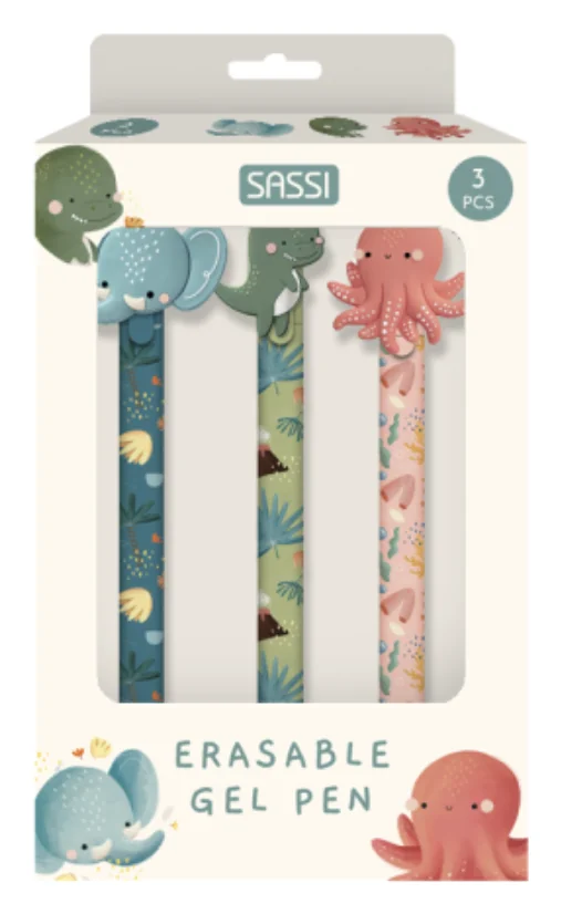 Set de Stylos Gel Effaçables – Éléphant, Dinosaure et Pieuvre